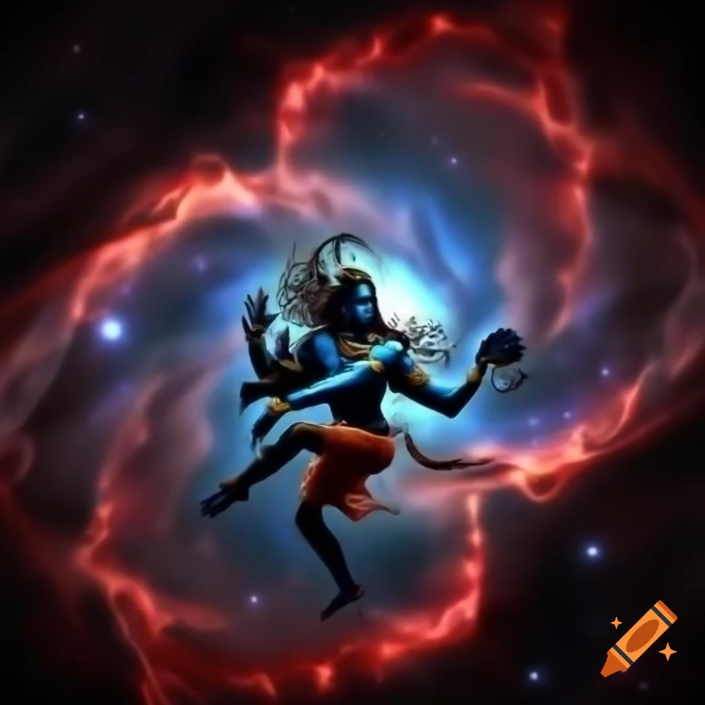 Lord Shiva dancing Tandav amidst galaxies with vibrant red, blue, and violet auras