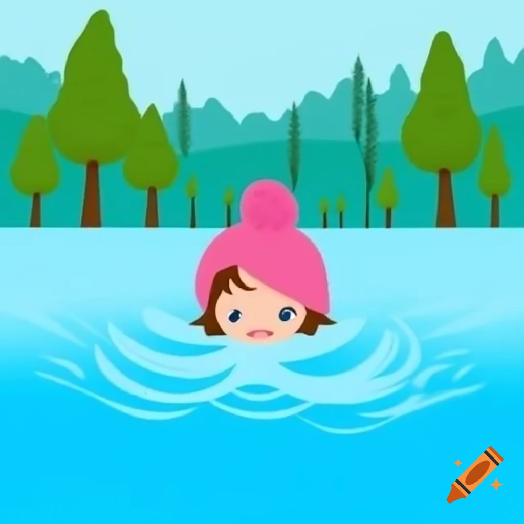 Cheryl swimming in open lake surrounded by trees wearing a pink wool hat