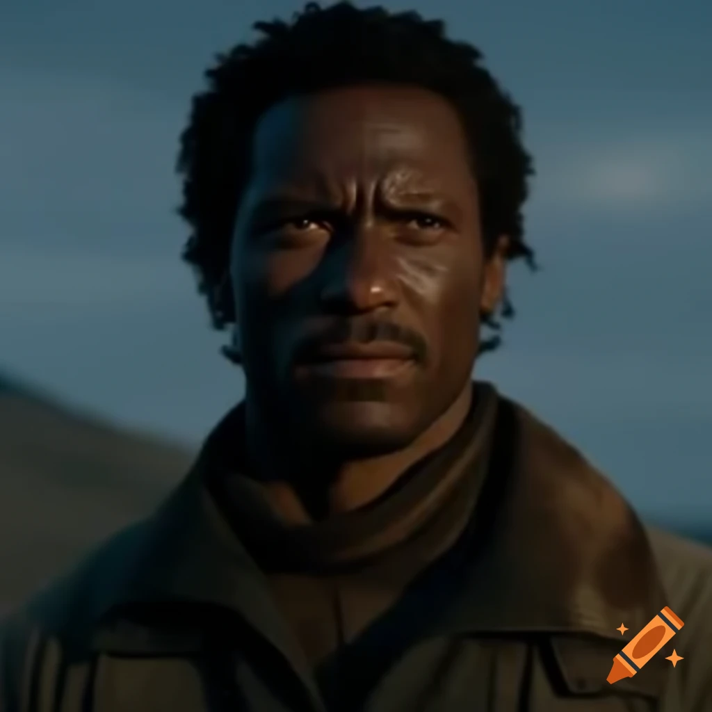 Serious dark-skinned man in rugged travel clothes, resembling a rebel leader