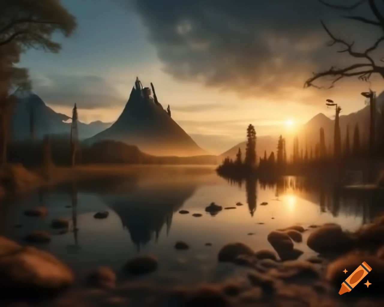 Breathtaking mountain range with rivers flowing down, ancient landscape