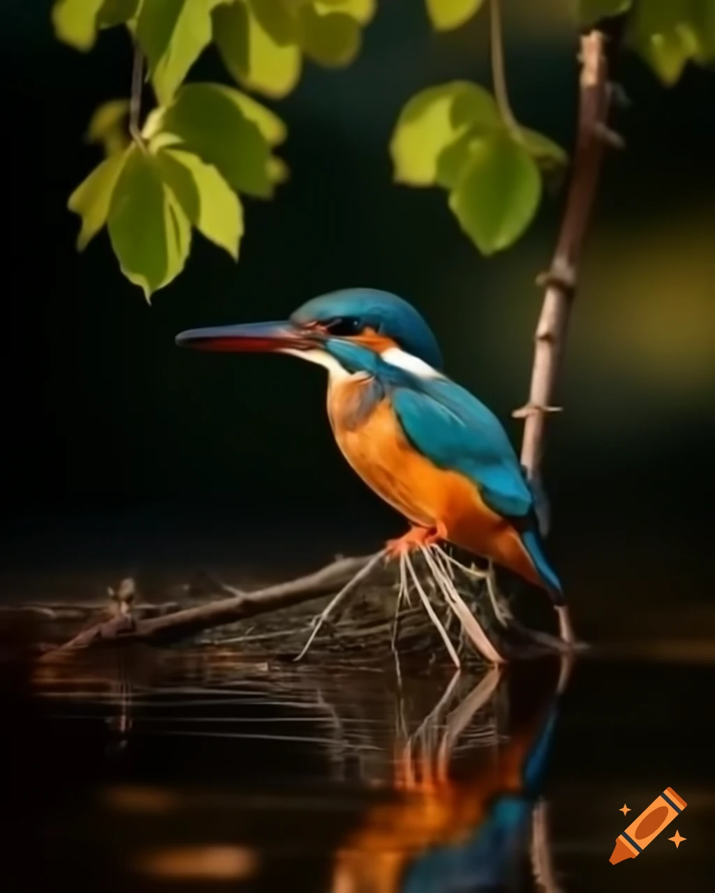 Kingfisher on alder branches over stream, warm morning light