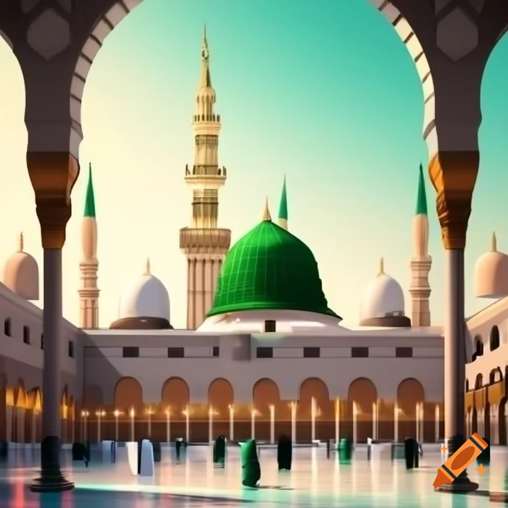 Vector illustration of Madinah Sharif with green dome in Holy Mosque