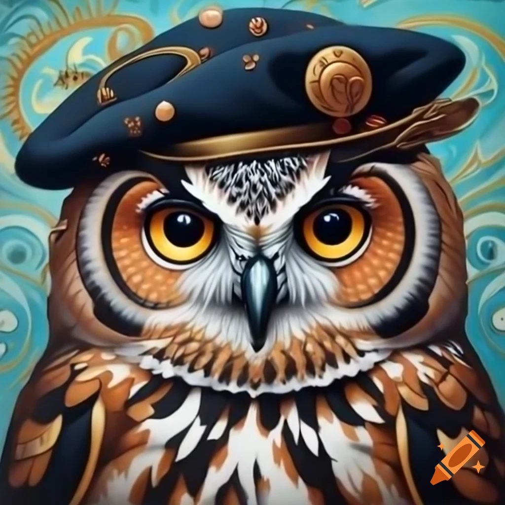 Elegant owl in beret with art nouveau decor elements