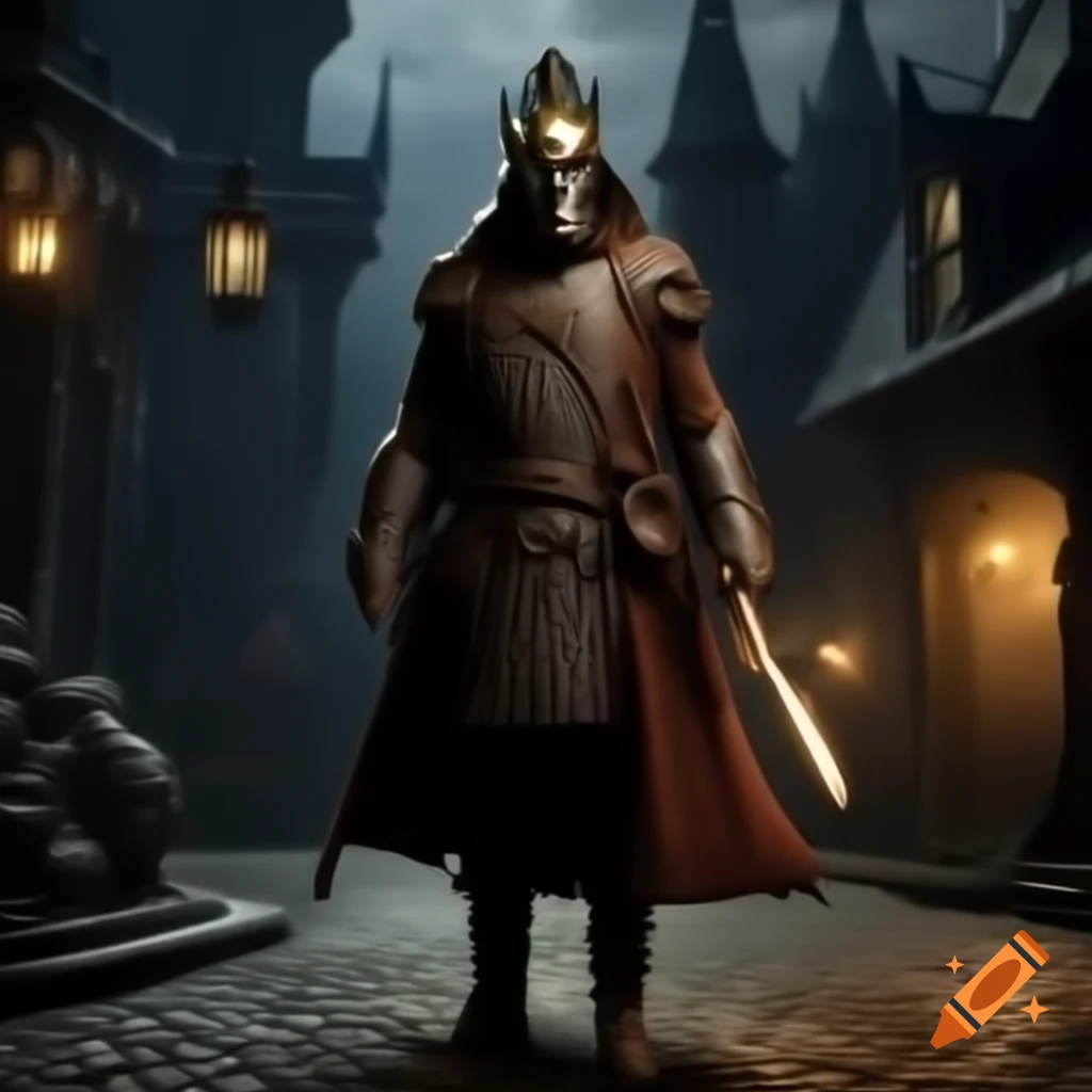 Legionnaire walking through gothic village at night, torch casting dramatic shadows