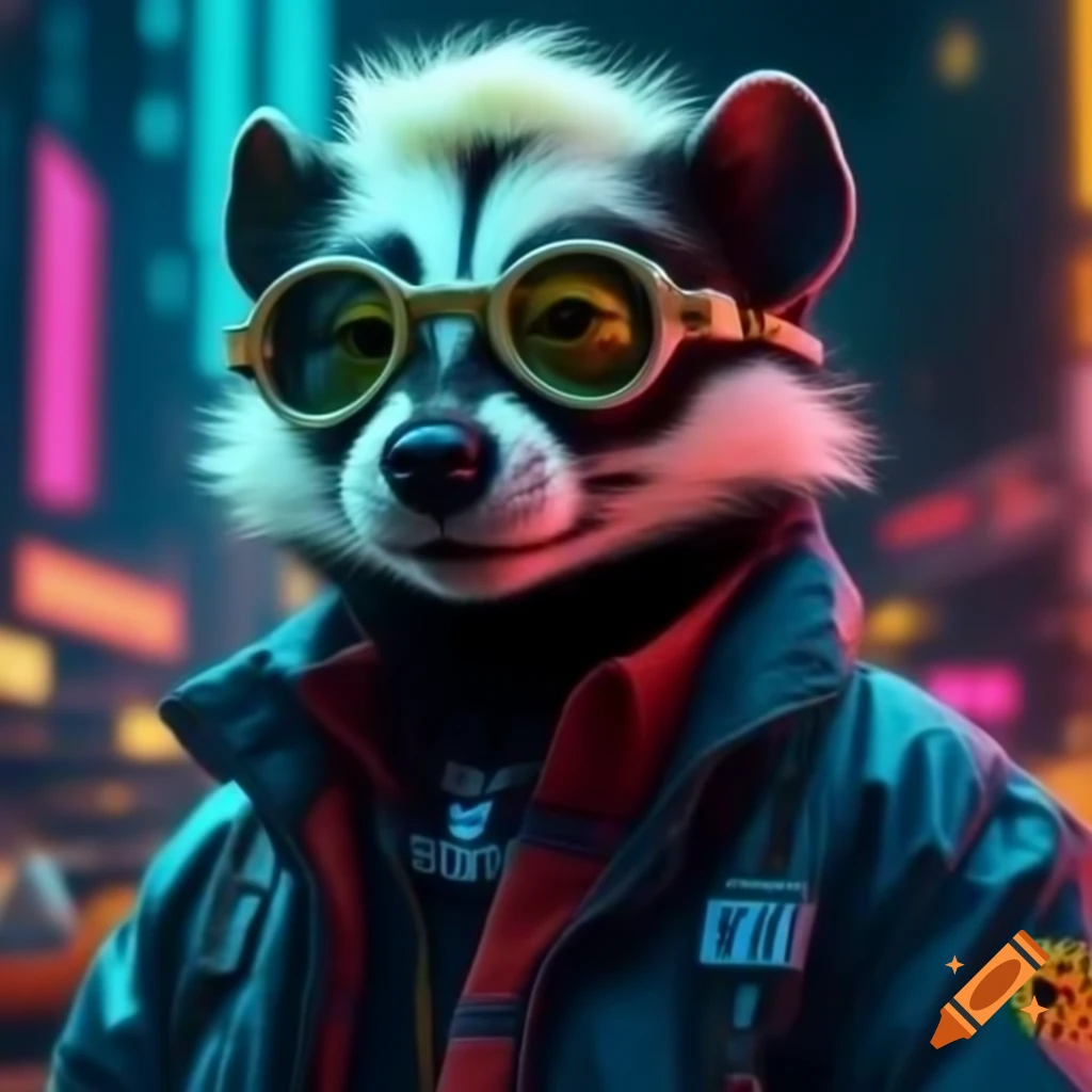 Spotted skunk in cyberpunk dystopia with mohawk and reflective jacket in neon midnight city