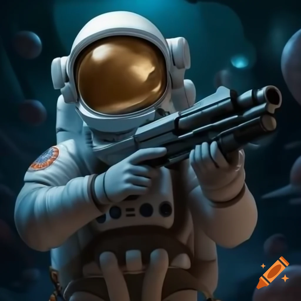 Astronaut shooting at aliens in space scene