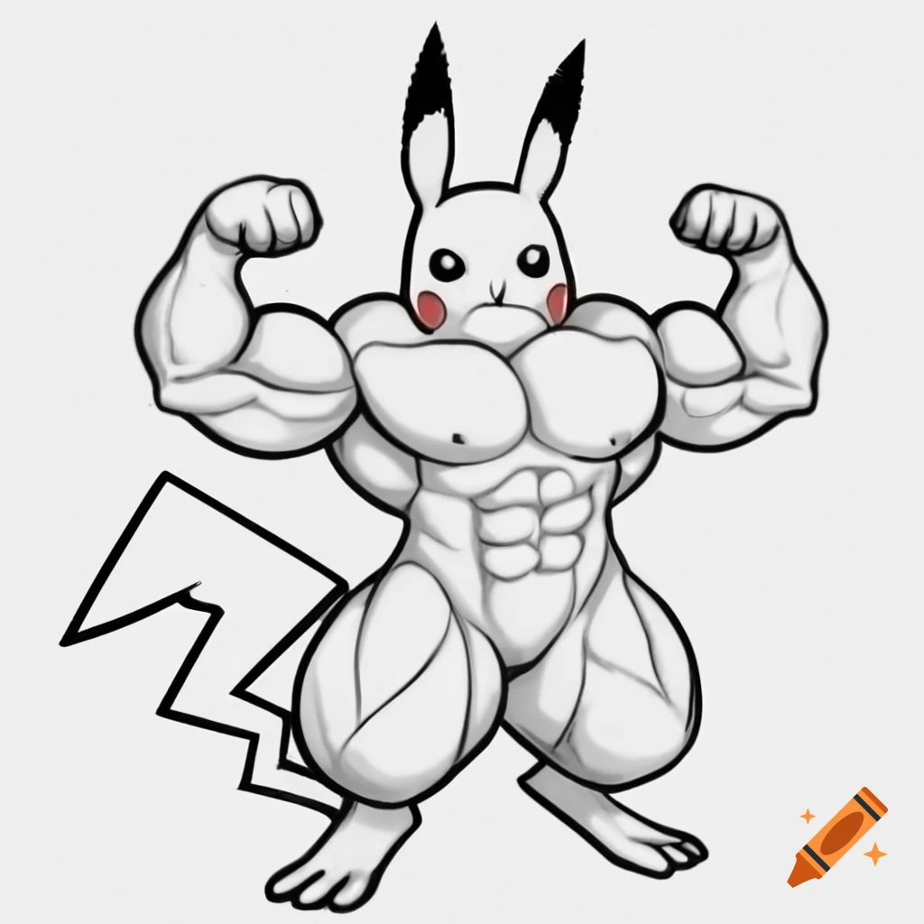Bodybuilder Pikachu flexing with muscles in furry art style
