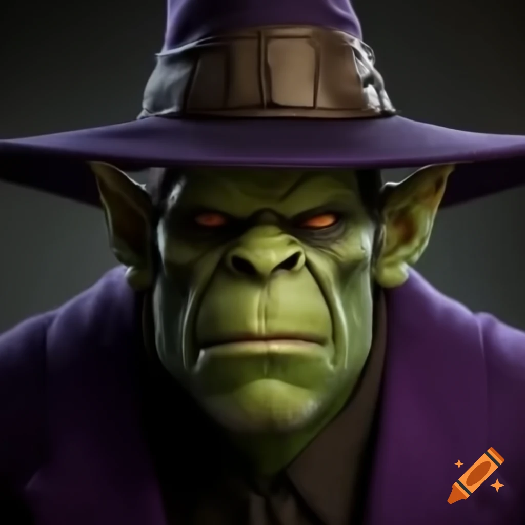Close-up of male orc wearing a multi-colored hat and purple suit