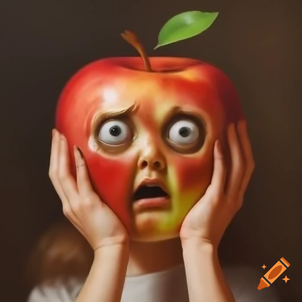 Scary person eating apple with a scared face, cartoon style