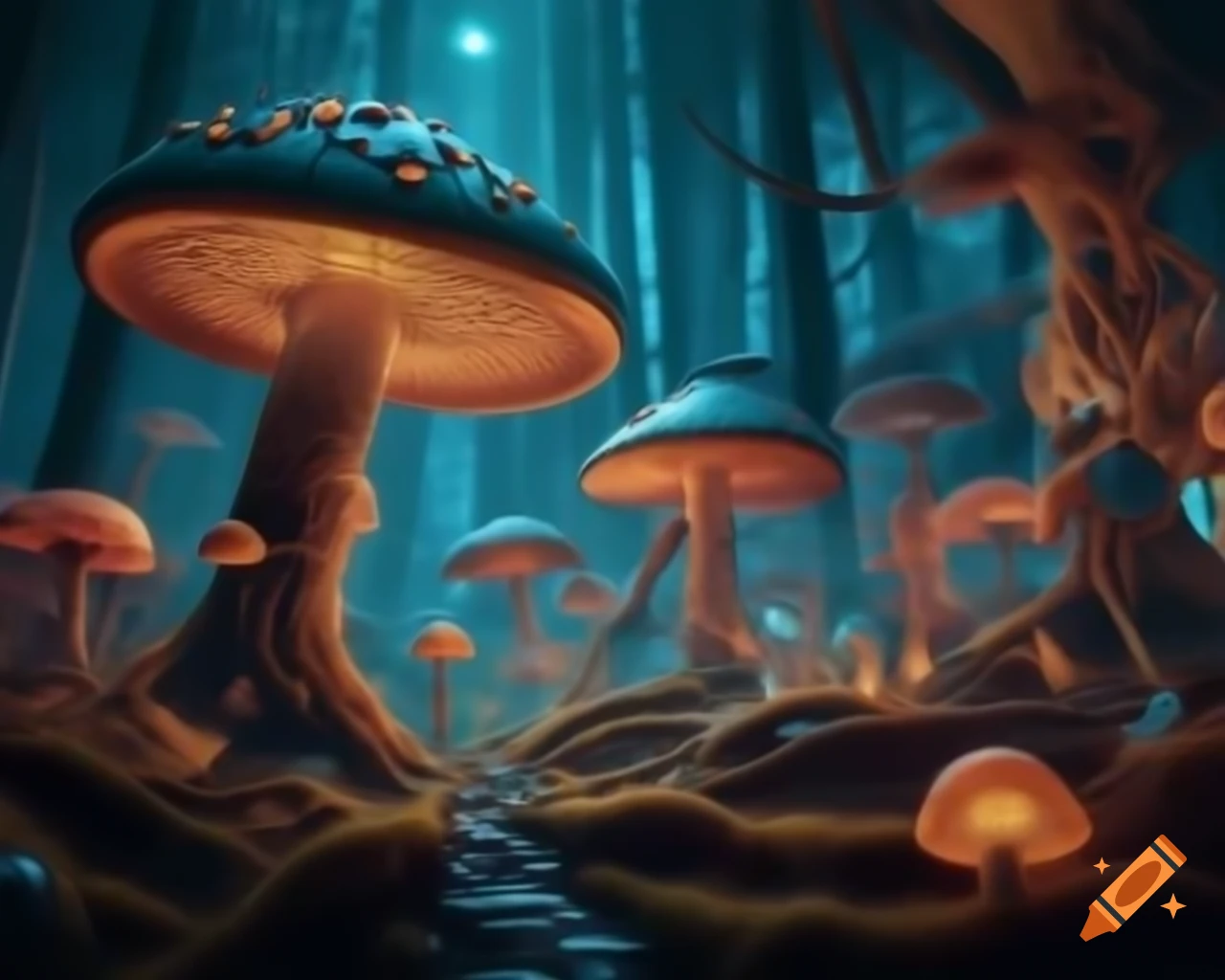 Surreal biopunk forest with glowing trees merging nature and technology