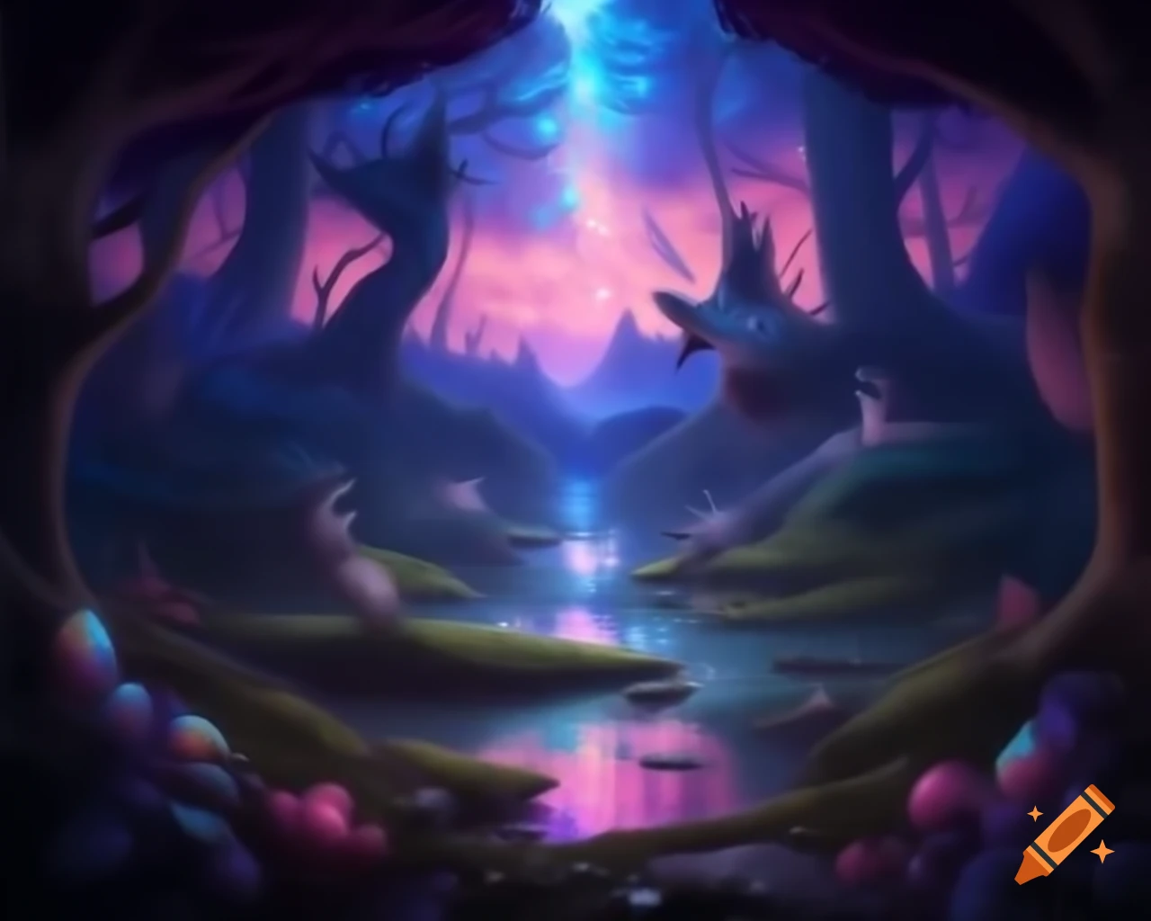 Mystical forest with mythical creatures and vibrant trees