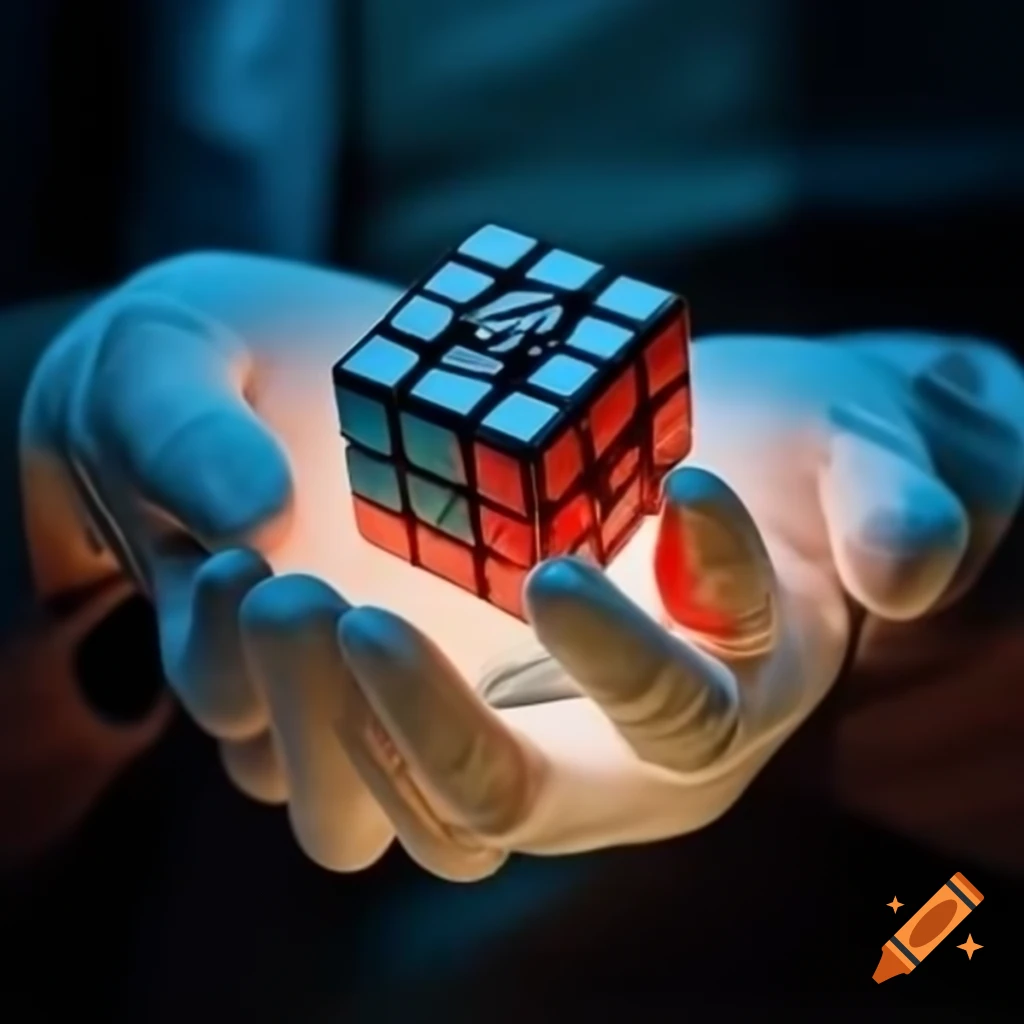 Close-up of Rubik's cube in white gloved hand, cinematic style
