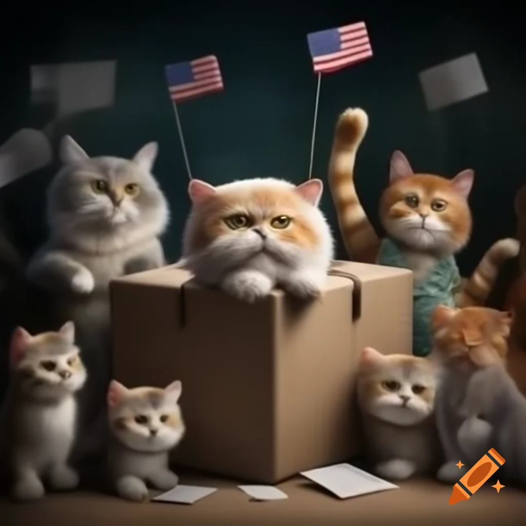 Fluffy cats gathered around voting ballot box with American flag