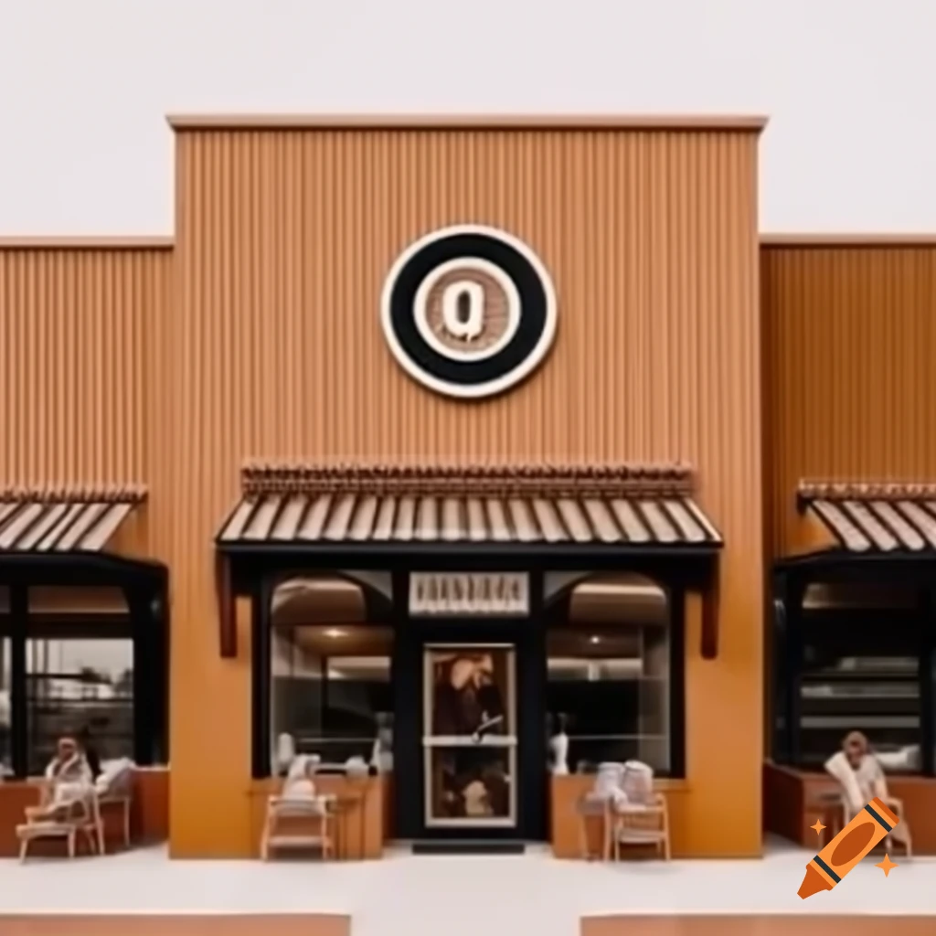 Brown aesthetic decorative cafe store exterior drawing with circular logo