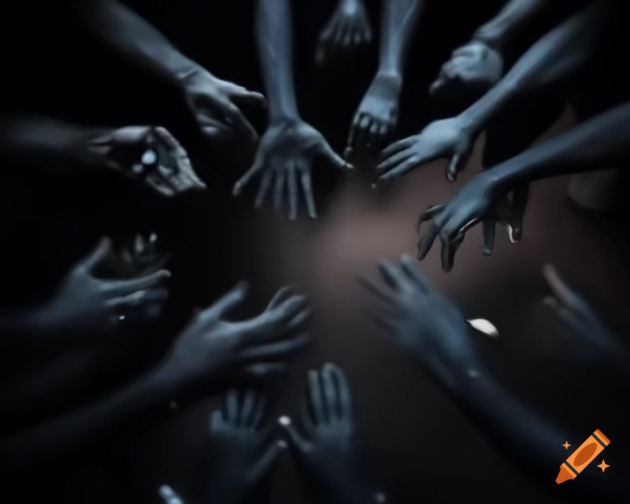 Shadowy black hands reaching out from darkness, eldritch theme