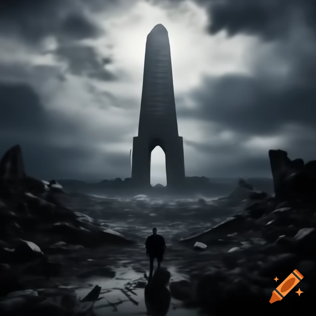 Ruins of forgotten battlefield with modern metropolis silhouette
