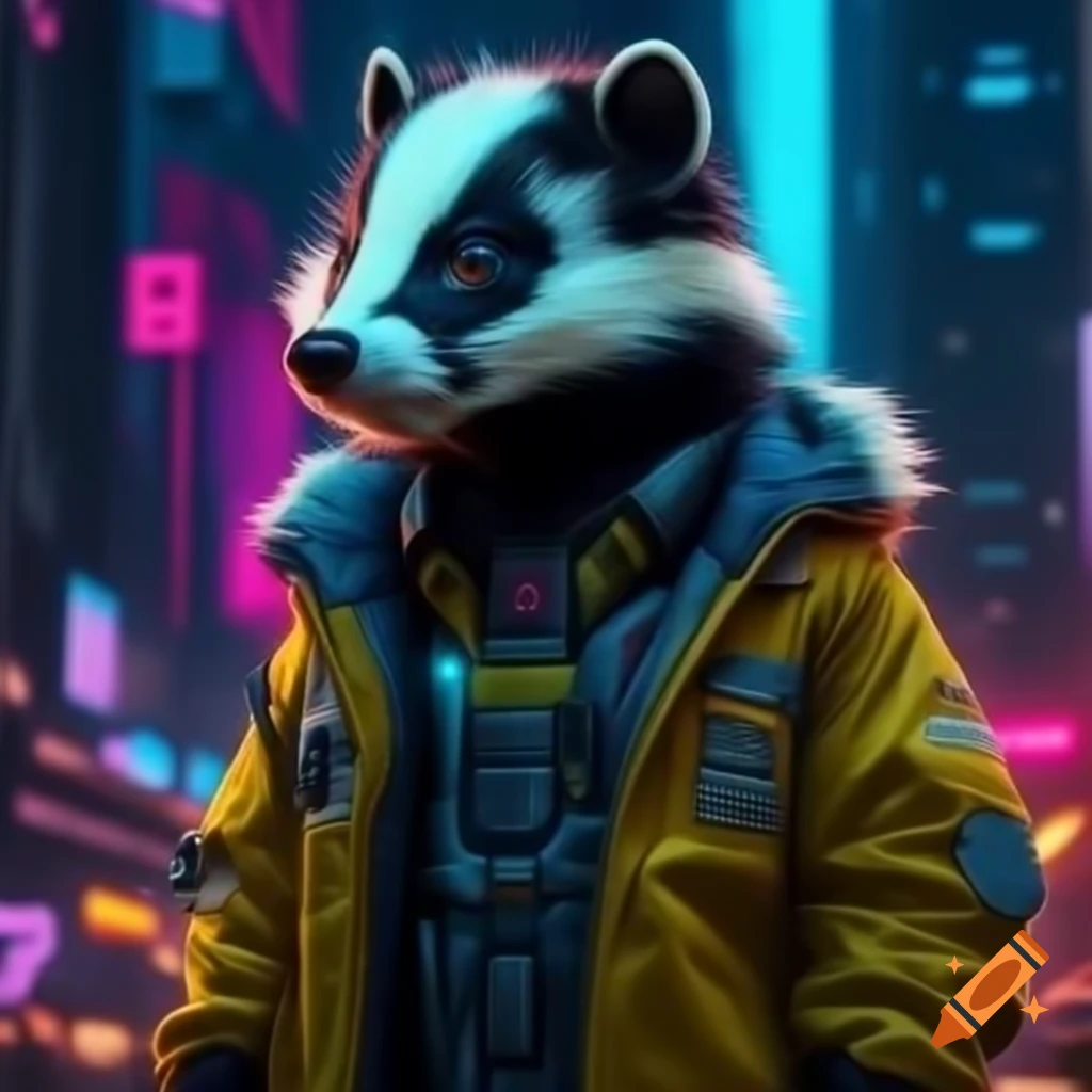 Close-up of skunk in futuristic jacket with LED lights in neon city