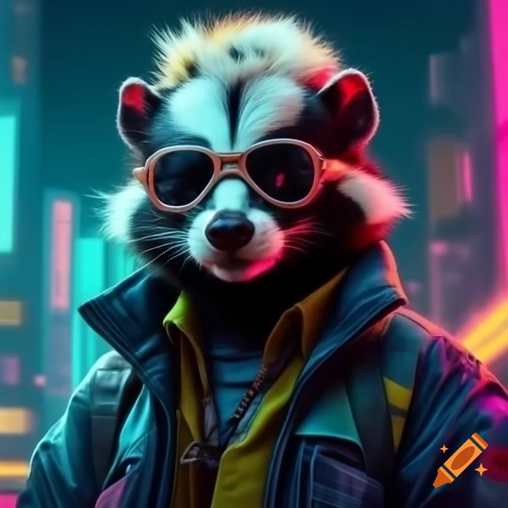 Spotted skunk in cyberpunk dystopia with mohawk and reflective jacket in neon midnight city
