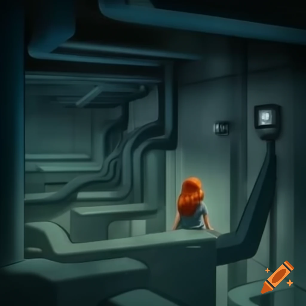 Red haired girl navigating concrete basement labyrinth seen through security camera