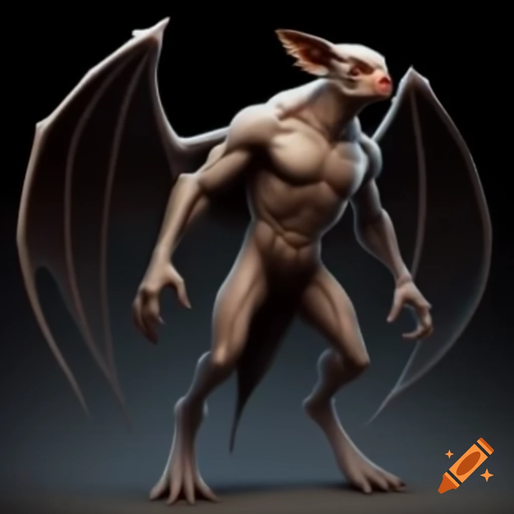 Mythical creature with bat features and human posture, digitigrade legs and long tail