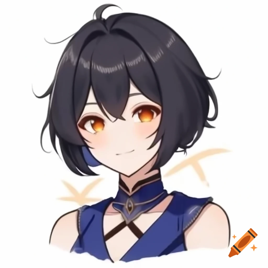 Otome game character in Honkai Star Rail art style with black bob hair and orange eyes