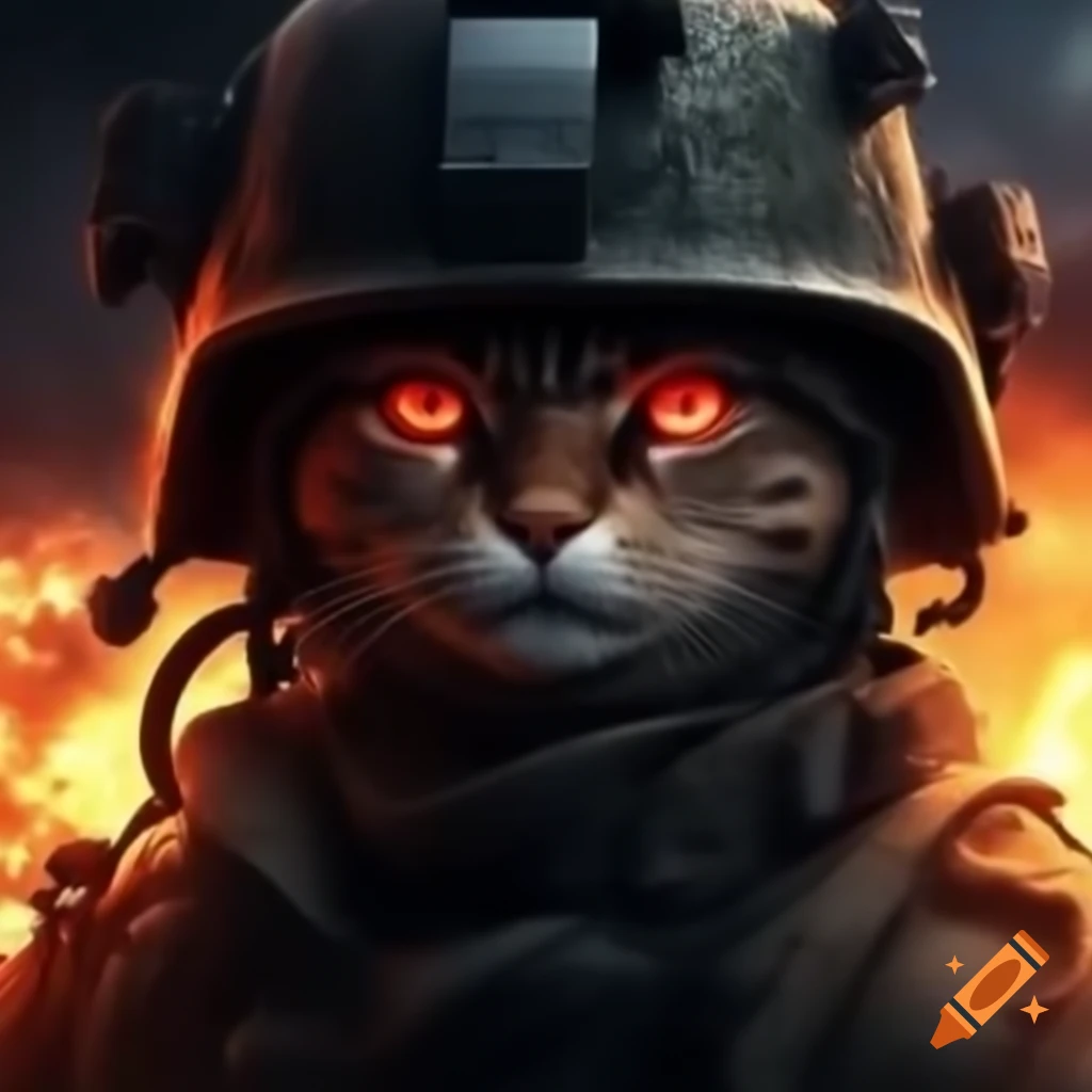 Soldier with glowing red eyes smiling with explosions in the background