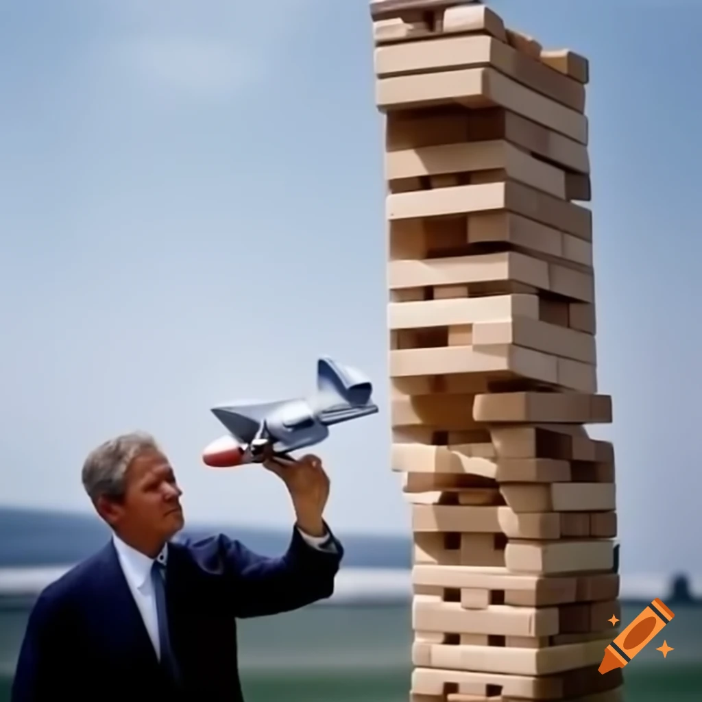 George Bush holding toy plane next to Jenga towers