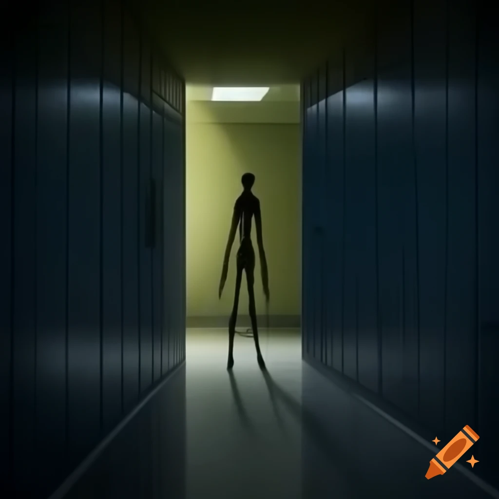 Eerie slender figure in shadowy backrooms with unsettling posture