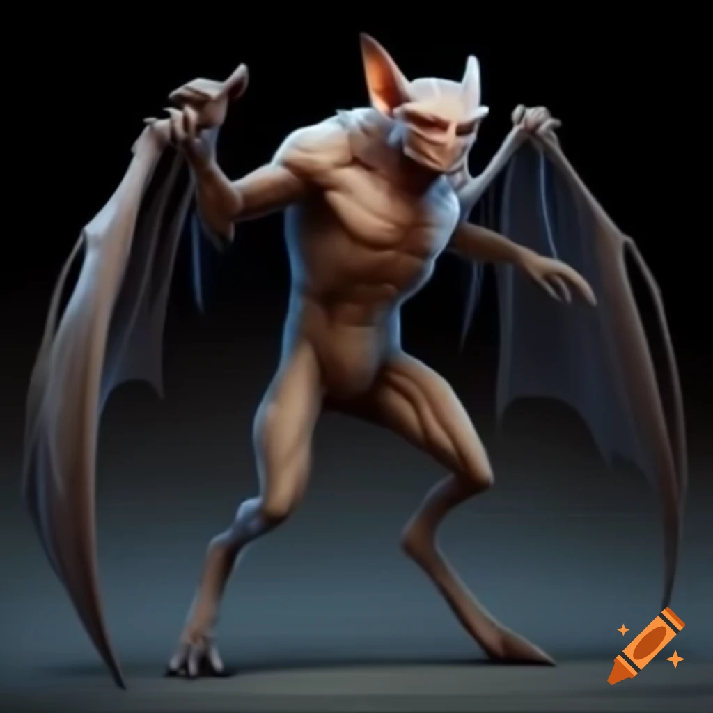 Muscular half-human half-bat creature with digitigrade legs and tail
