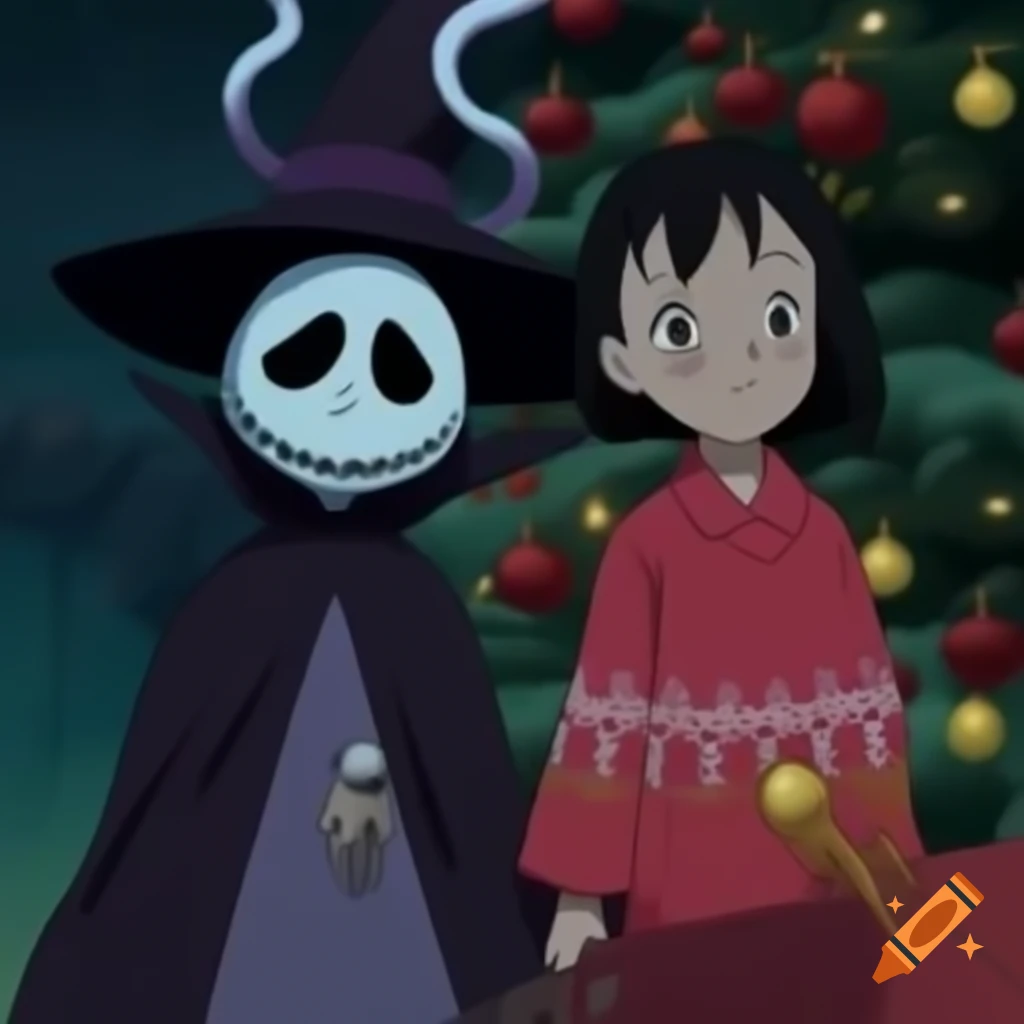 Ghibli-style characters in a scene inspired by Nightmare Before Christmas