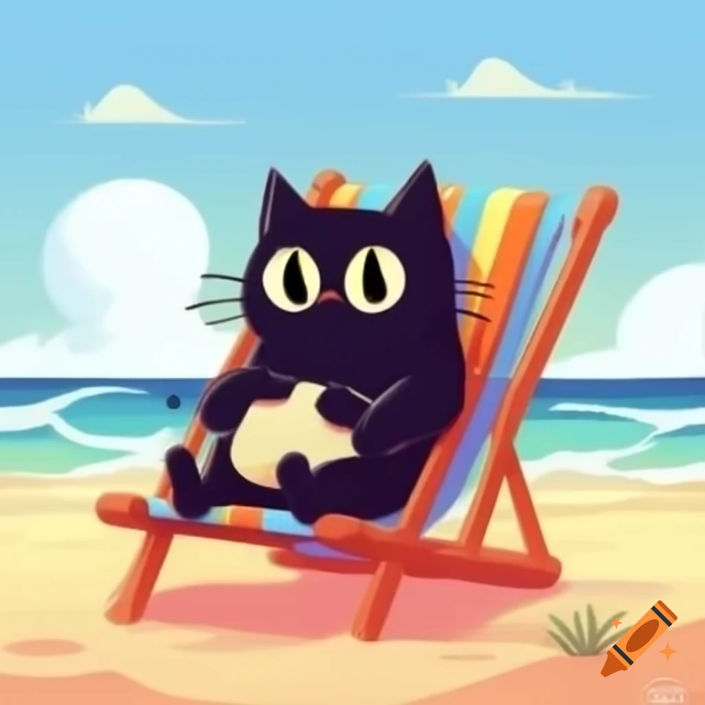 Cartoon of black cat relaxing in beach chair