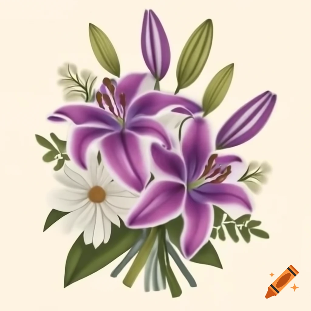 Drawing of purple lilies and white daisies in a brown bouquet