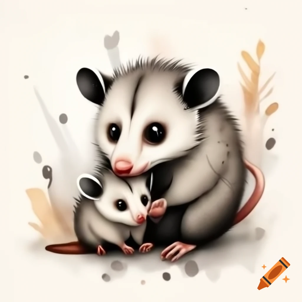 Mother possum with baby in watercolor shades, storybook style