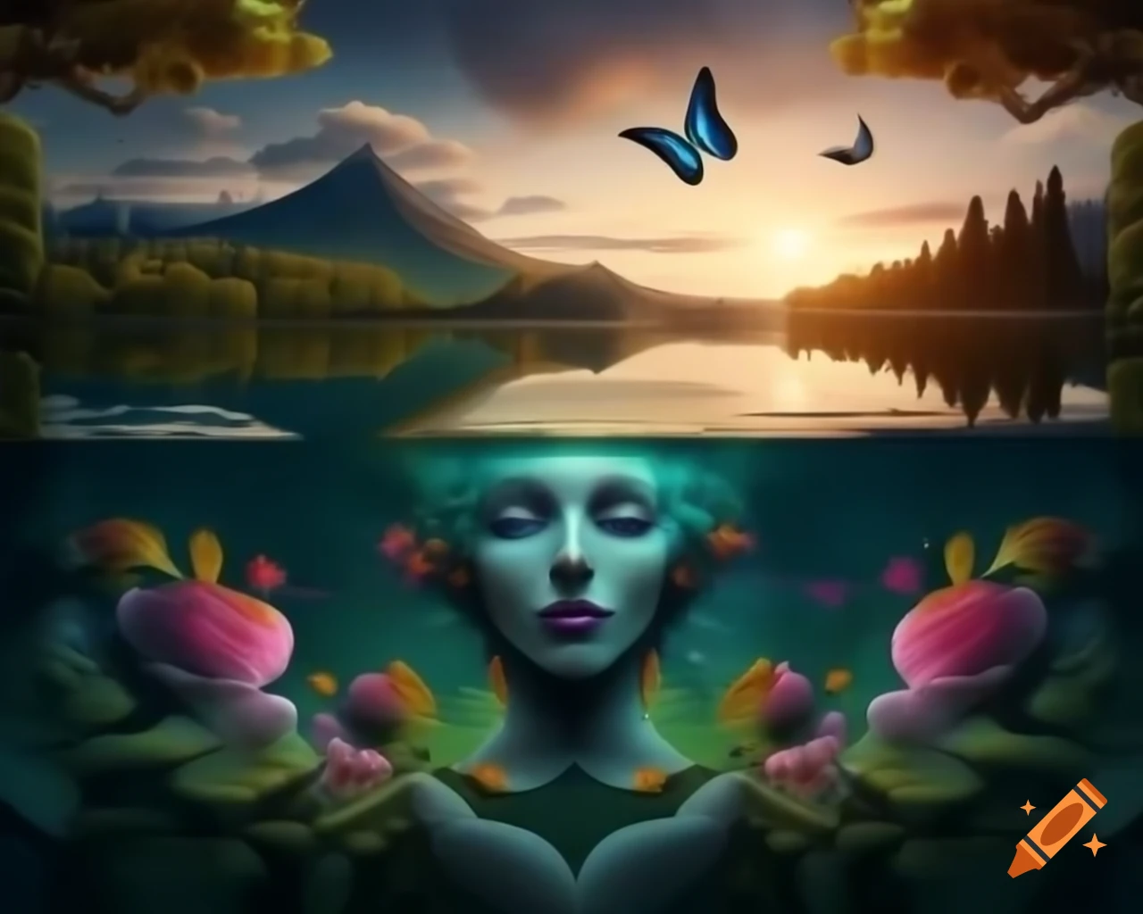 Surreal floral woman's face at mountain lake surrounded by old growth trees