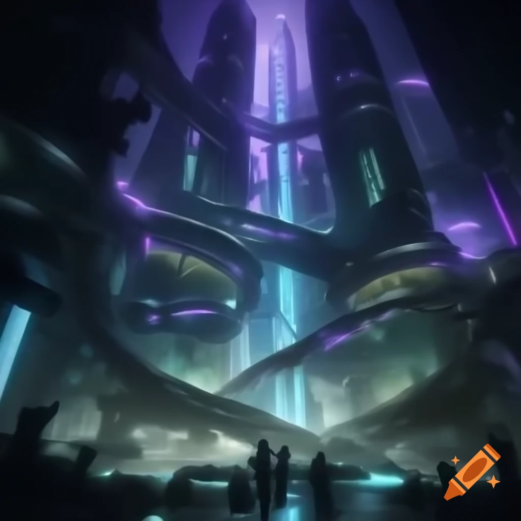 Futuristic metropolis illuminated by neon lights with glass structures and deep shadows