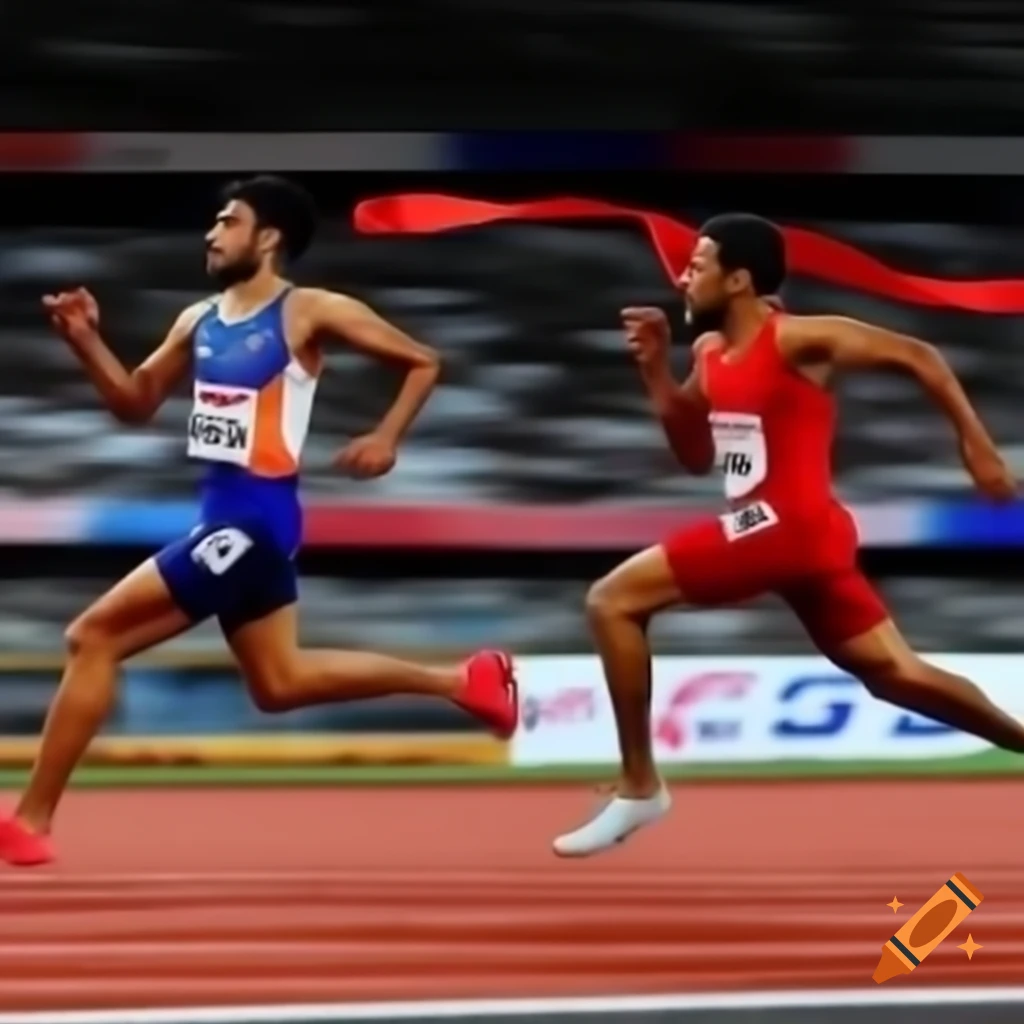 Indian sprint runner winning race, about to cross finishing line