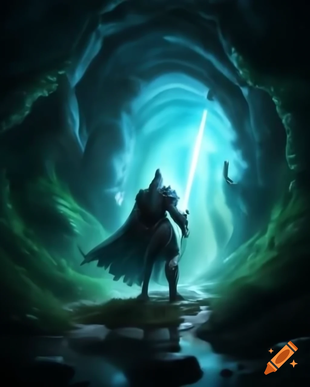 Metallic knight with blue glow entering portal of emerald energy towards mystical green labyrinth