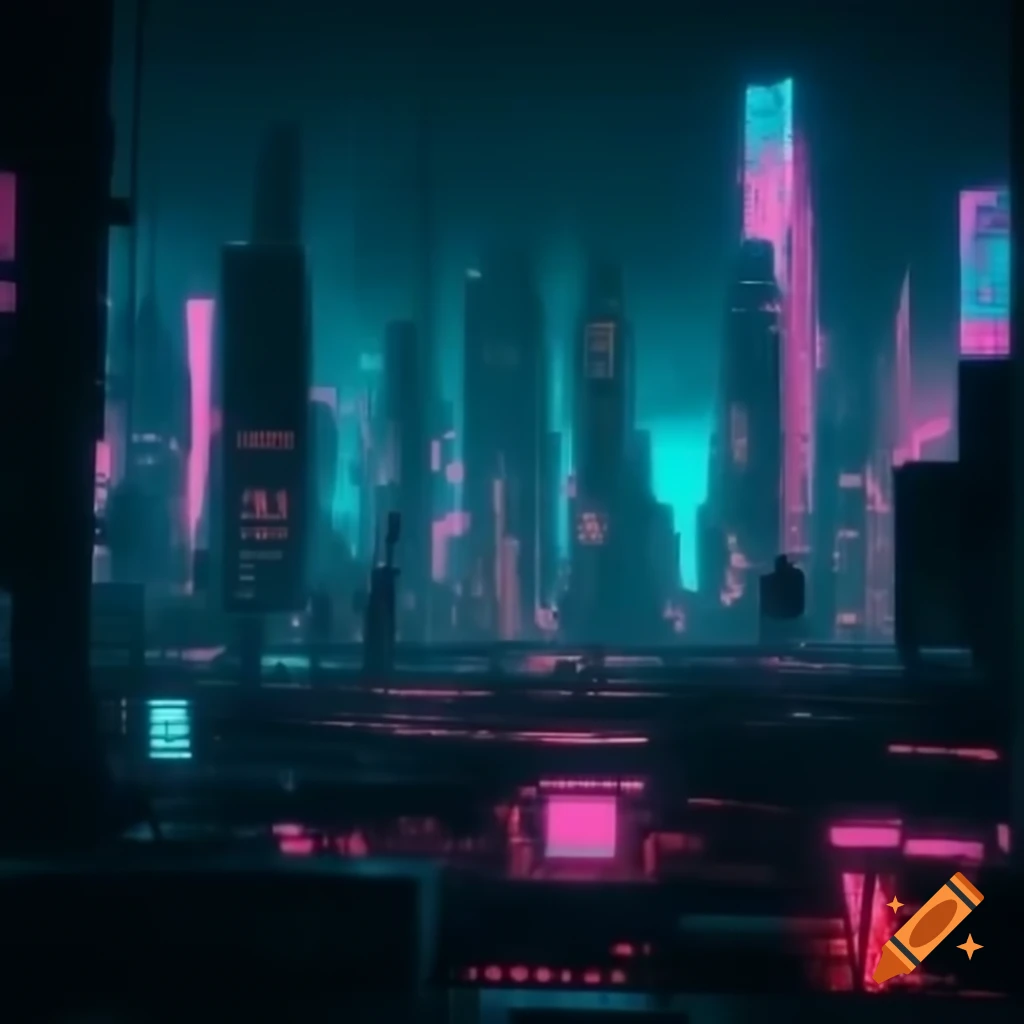 Neon cyberpunk skyline view from large window