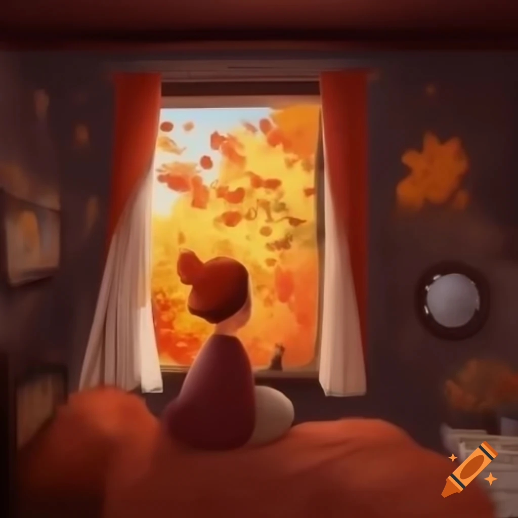Cozy autumn scene from bedroom window overlooking vibrant fall foliage