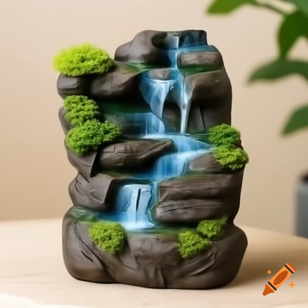 Sculpture of a waterfall surrounded by greenery