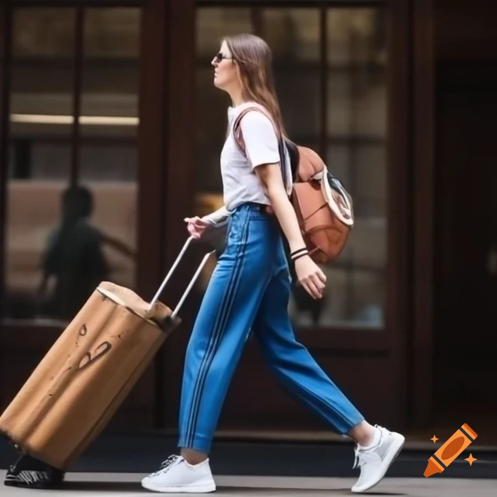 Female student in blue jeans and white top walking with travel box and passport