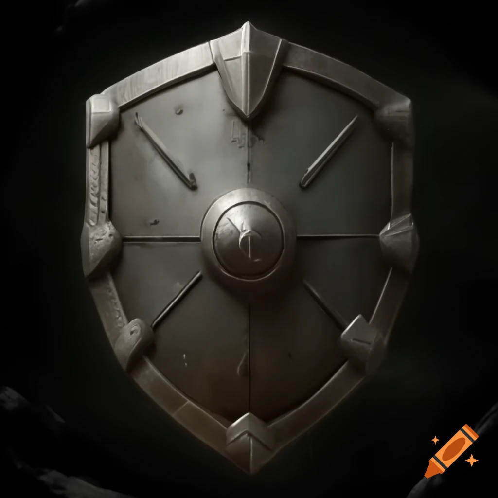Heavily scarred dark shield with magical inscriptions and worn metal