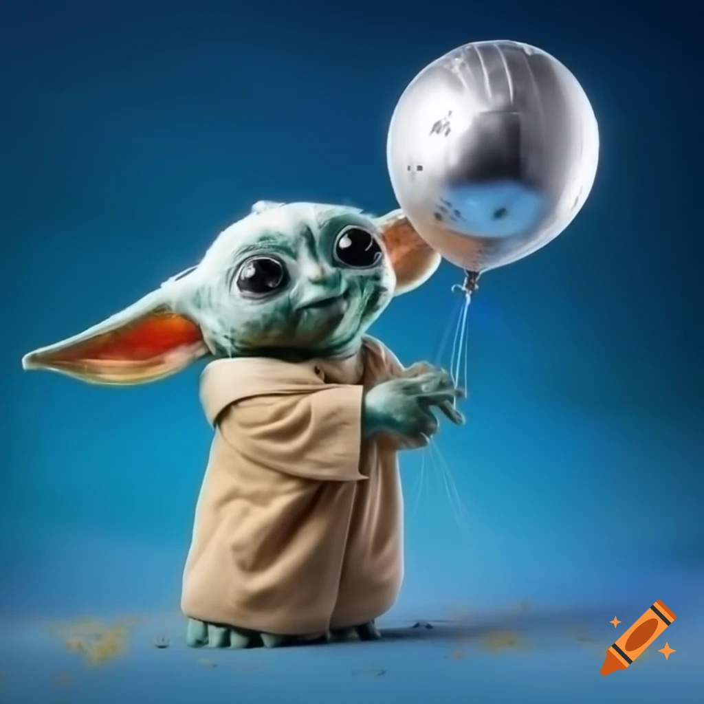 Grogu showcasing playful expression while juggling a glittering balloon