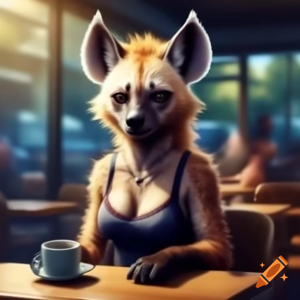Anthro hyena in a tight top sitting in a café on a sunny day