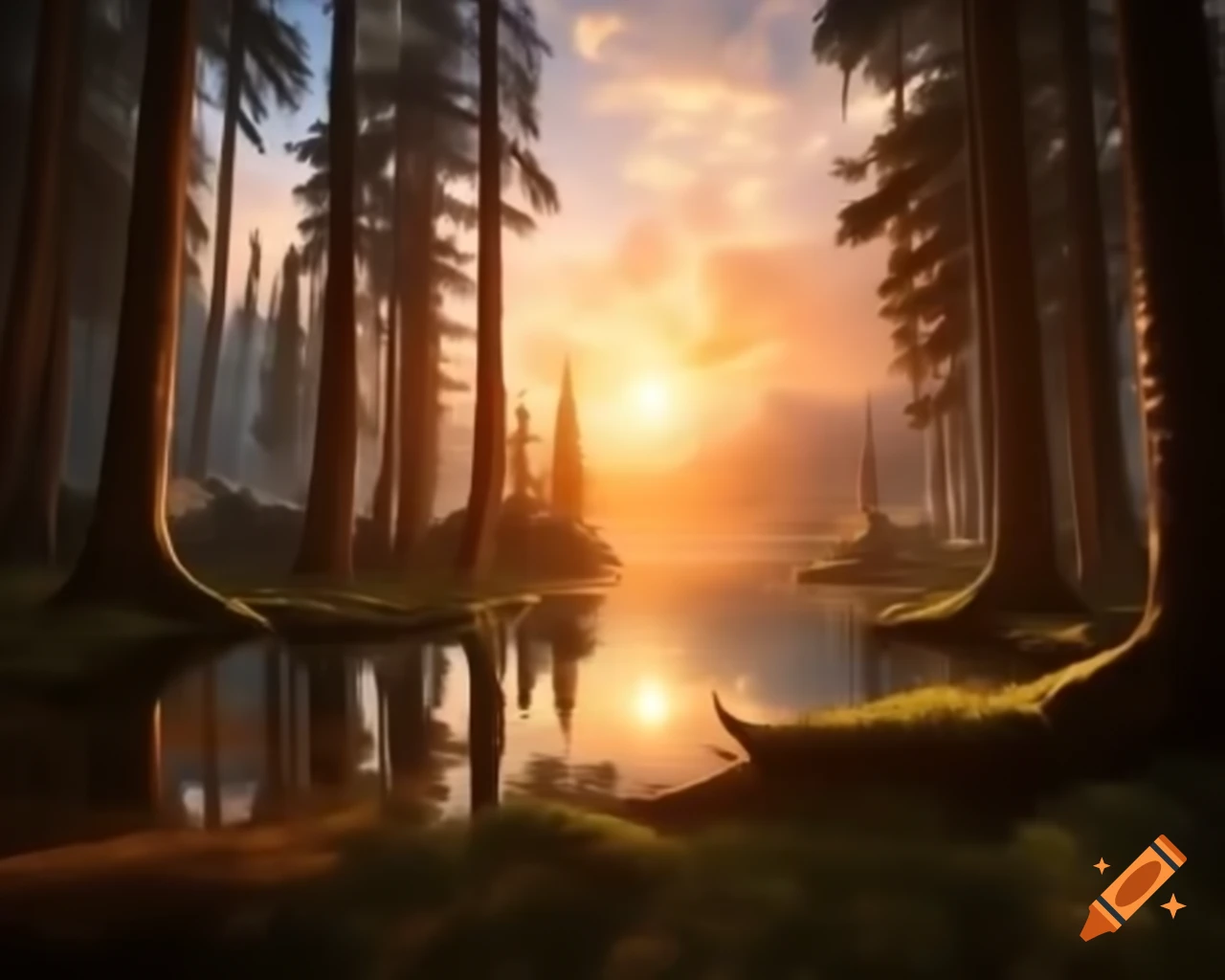 Surreal fantasy scene with orange monster in forest at sunset by lake