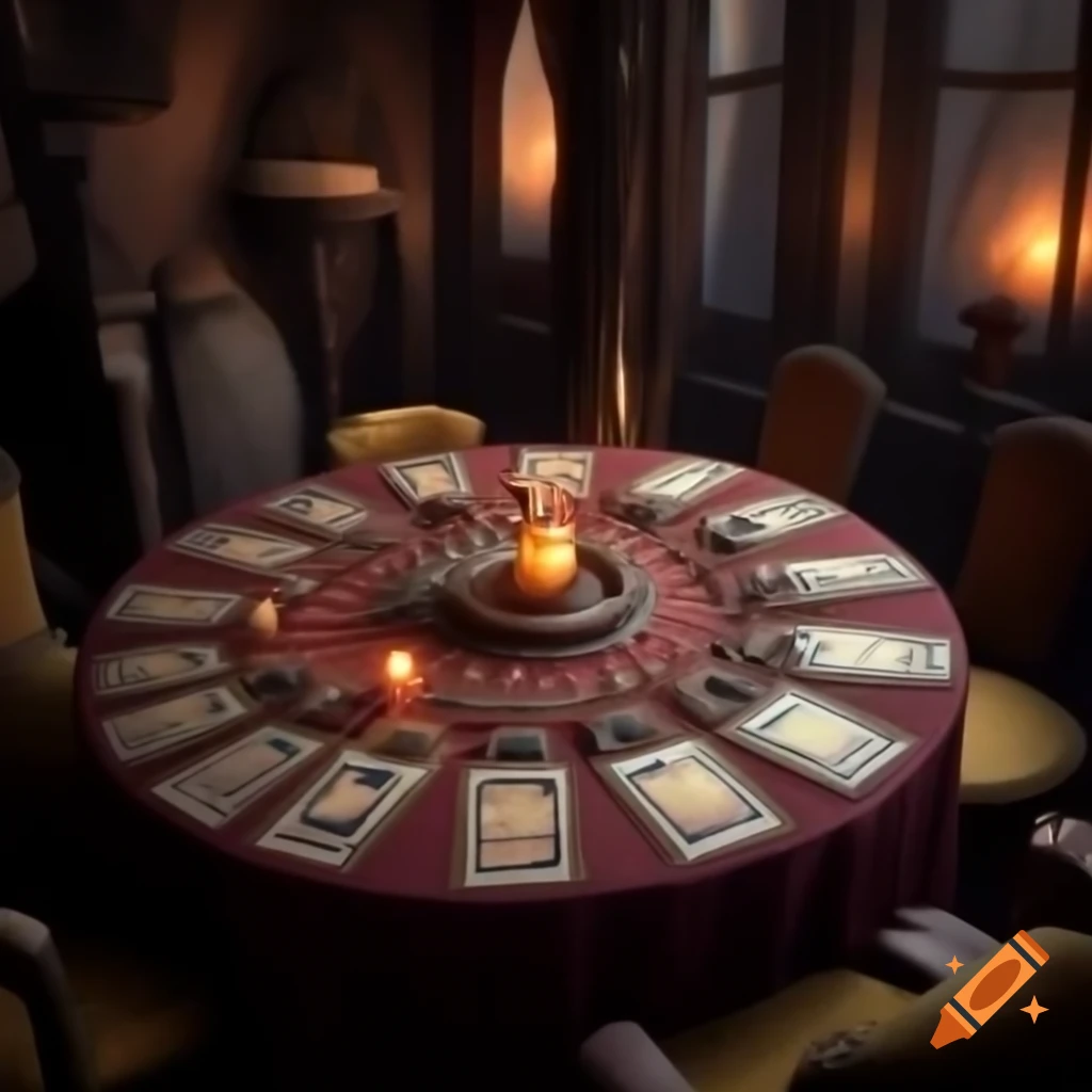 Table with crystal ball, tarot cards, and candles in dimly lit room, fantasy theme