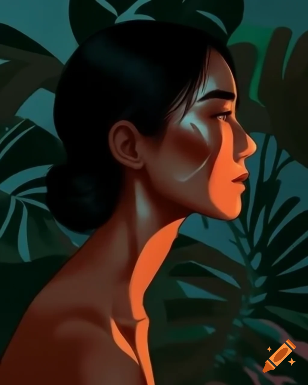 Mysterious portrait of woman illuminated by moonlight in deep jungle with terracotta and pink hues