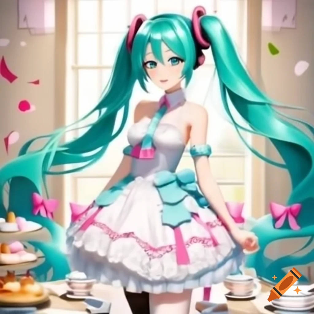 Hatsune Miku in white Lolita dress at tea party with pink ribbons and knee high socks