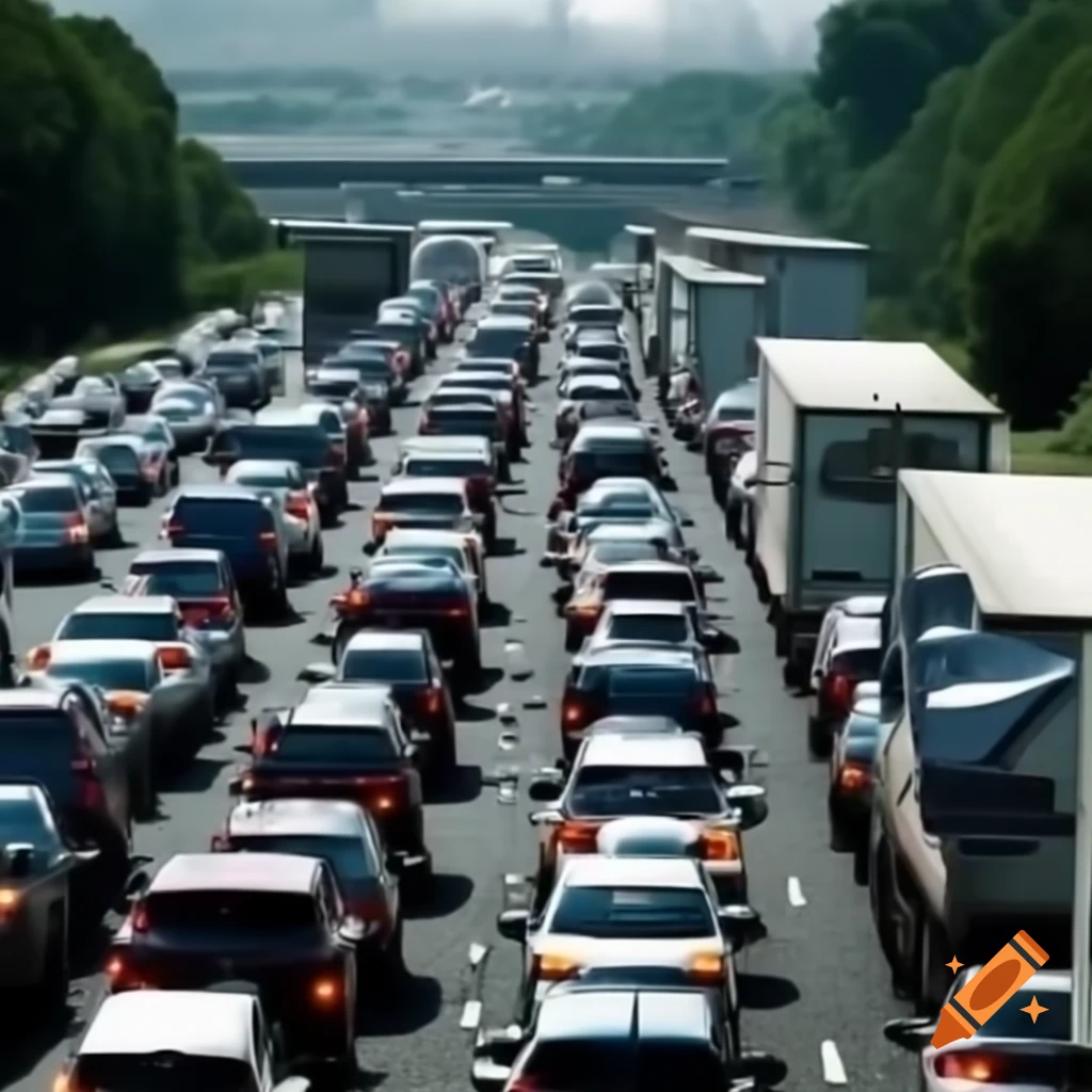 Gigantic traffic jam with numerous vehicles