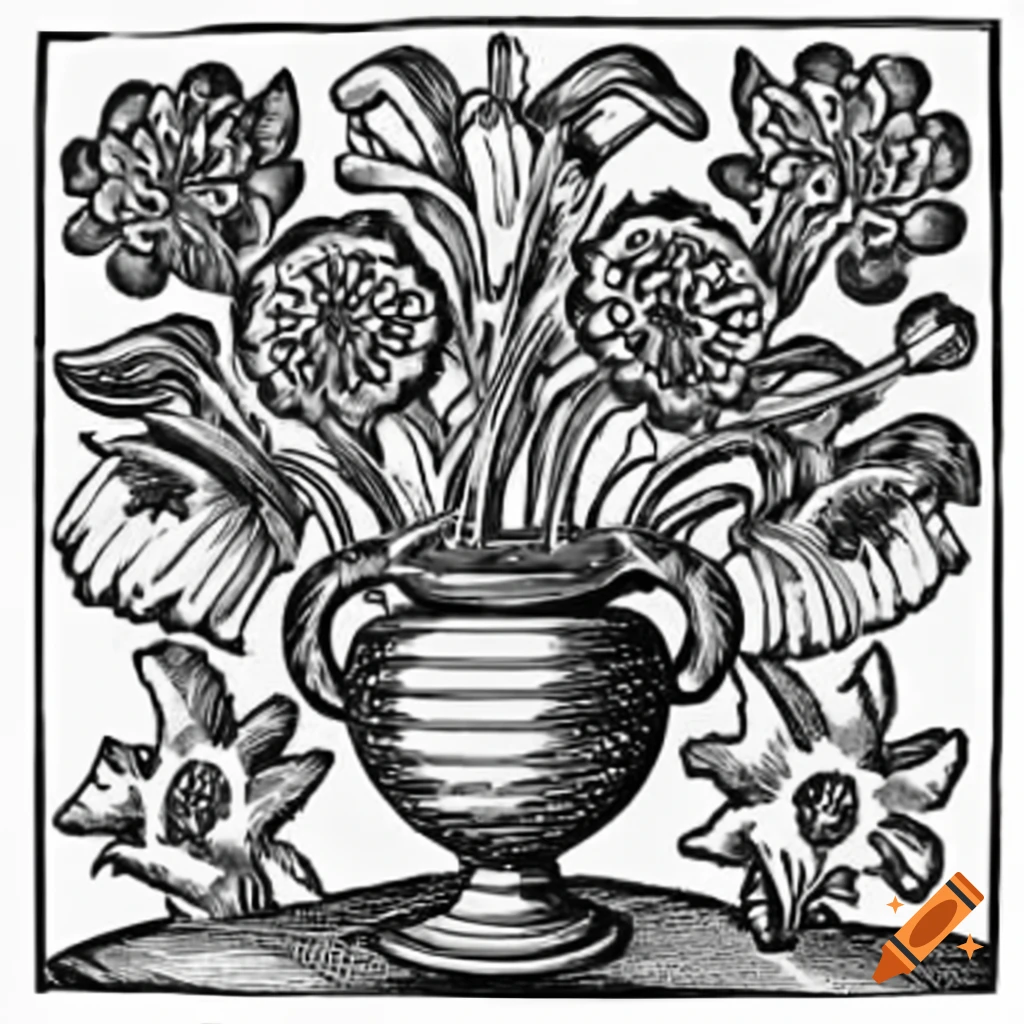 Woodcut art of medieval vase filled with flowers